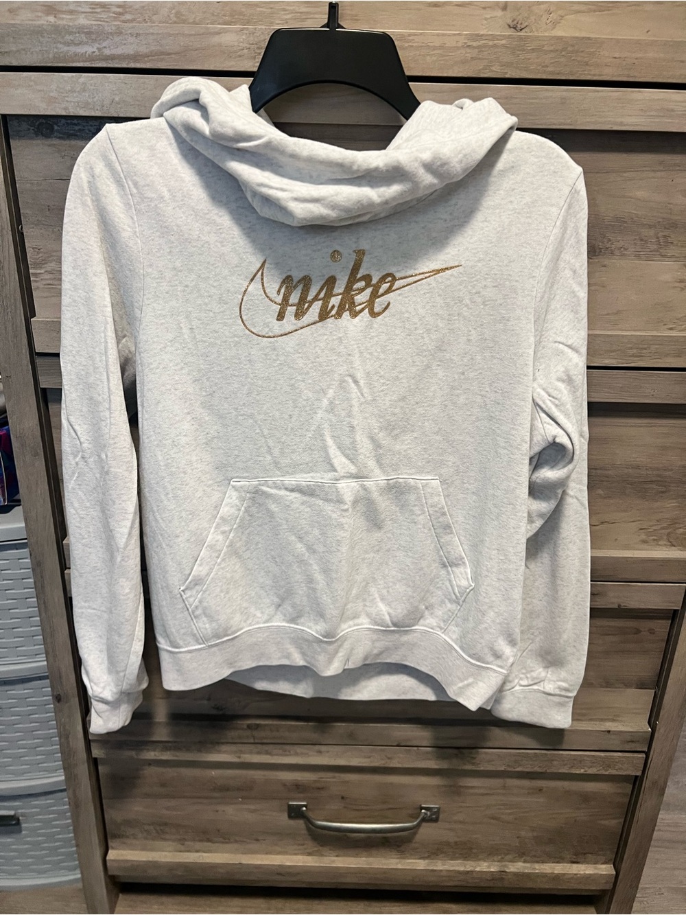 Nike Women's Light Gray Hooded Sweatshirt with Gold Logo
